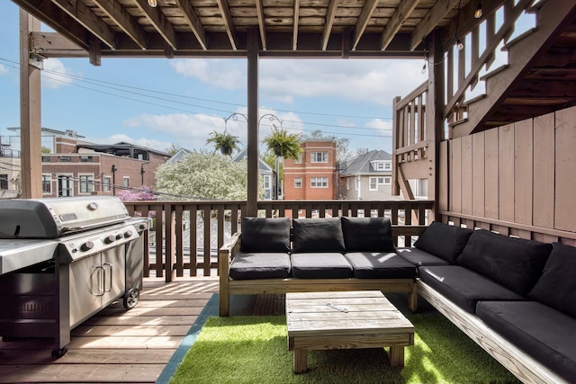wooden deck featuring a residential view and an outdoor hangout area