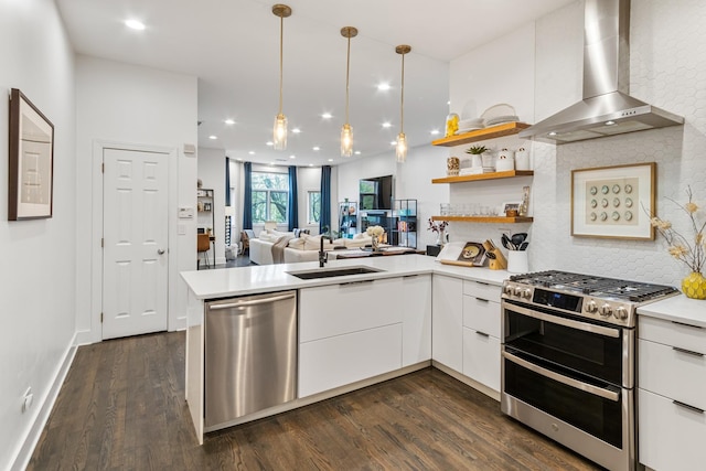 kitchen with wall chimney range hood, a sink, appliances with stainless steel finishes, and modern cabinets