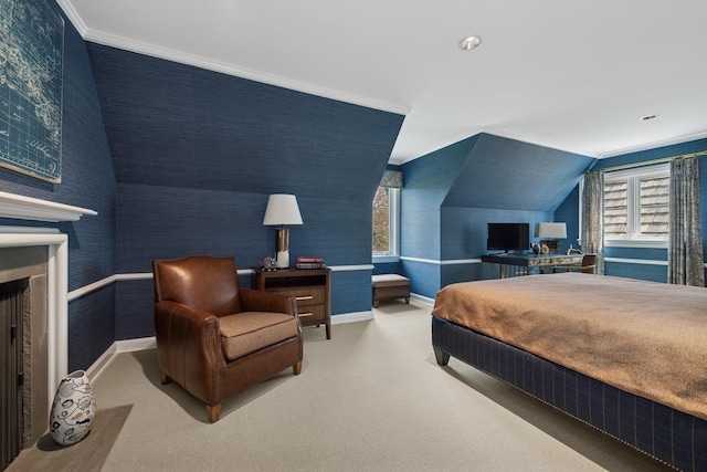 carpeted bedroom with baseboards, crown molding, and wallpapered walls