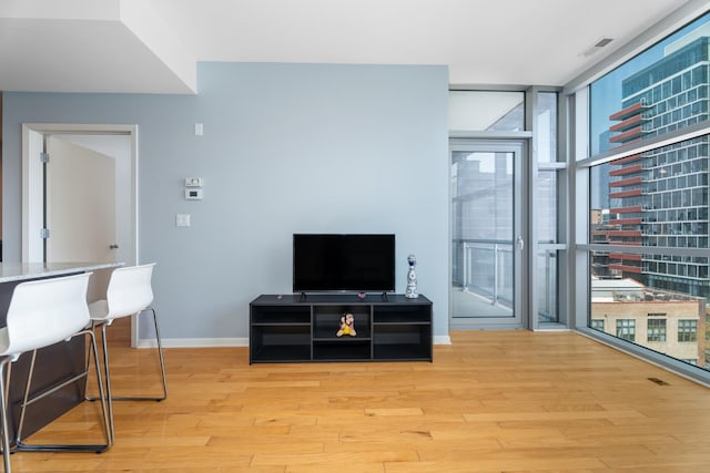 living area with expansive windows, baseboards, and wood finished floors