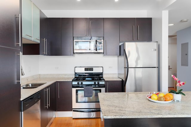 kitchen with appliances with stainless steel finishes, a sink, light stone counters, light wood finished floors, and electric panel