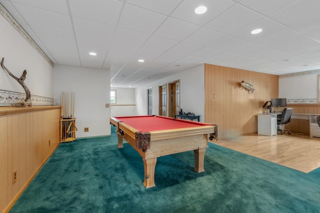 game room with recessed lighting, carpet, pool table, and wooden walls