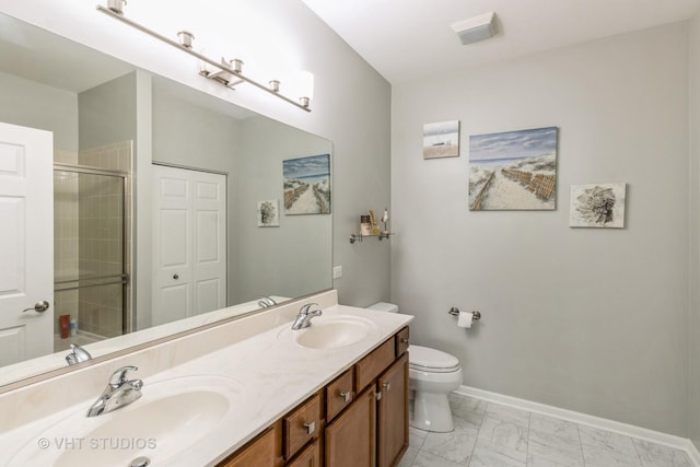 1674 Francis Dr, Pingree Grove, IL 60140 - full bathroom featuring toilet, a shower stall, marble look tiles, double vanity, and baseboards