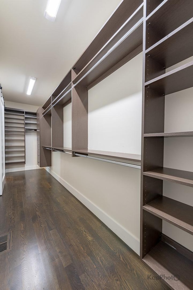 walk in closet with dark wood-style flooring