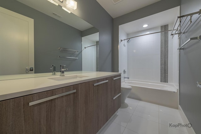 full bath with shower / tub combination, vanity, toilet, tile patterned floors, and visible vents