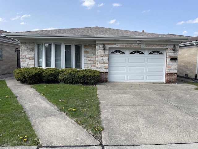 7236 W Olive Ave, Chicago, IL 60631 - view of front of property featuring driveway, a front yard, a garage, a shingled roof, and stone siding