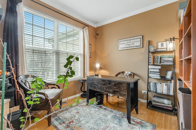 office space with baseboards, ornamental molding, and wood finished floors