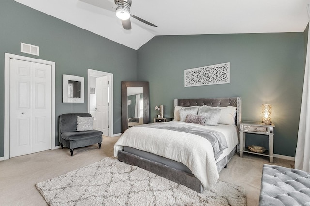 bedroom featuring visible vents, baseboards, ceiling fan, high vaulted ceiling, and carpet flooring