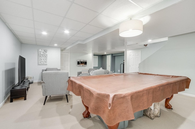 rec room featuring baseboards, recessed lighting, billiards, and a paneled ceiling