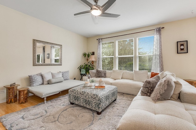 living area with a ceiling fan and light wood finished floors