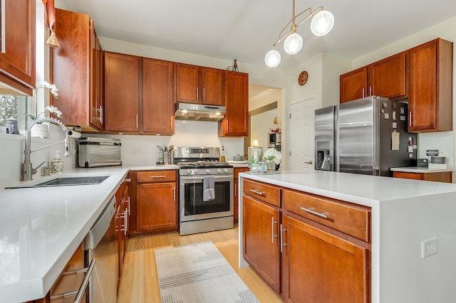 kitchen featuring appliances with stainless steel finishes, a sink, light countertops, light wood-type flooring, and under cabinet range hood