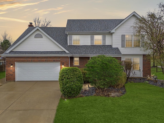 2739 Genoa Dr, New Lenox, IL 60451 - traditional-style house with concrete driveway, a shingled roof, brick siding, an attached garage, and a chimney