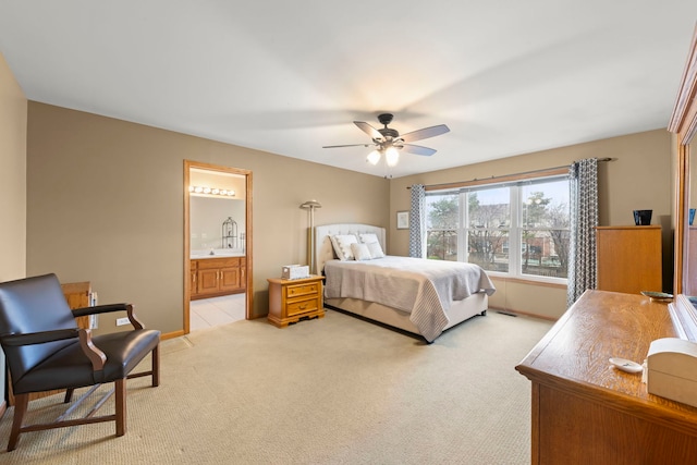 2739 Genoa Dr, New Lenox, IL 60451 - bedroom featuring light carpet, ensuite bath, a ceiling fan, and baseboards