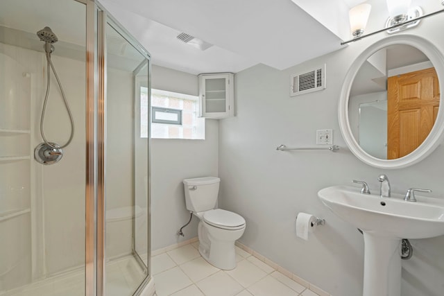 full bathroom with tile patterned flooring, toilet, a shower stall, and visible vents