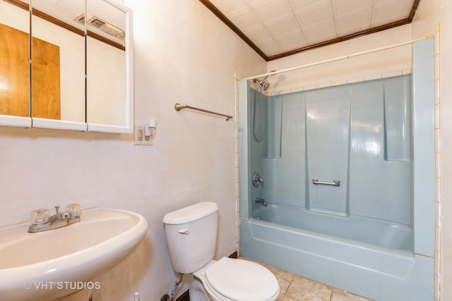 21822 Merrill Ave, Sauk Village, IL 60411 - bathroom featuring a sink, toilet, ornamental molding, bathtub / shower combination, and tile patterned flooring