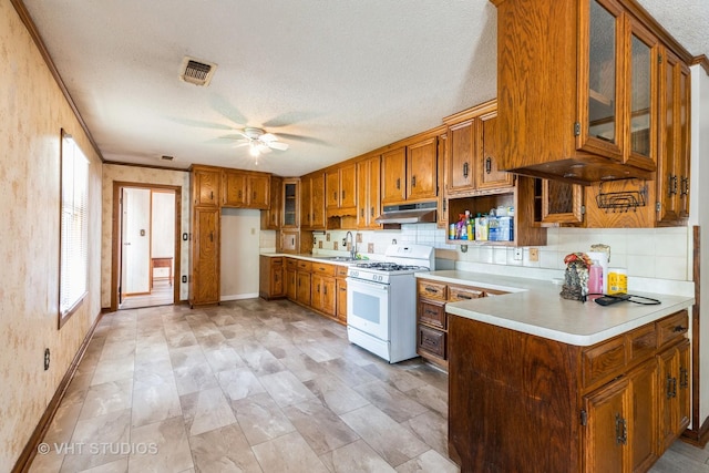 21822 Merrill Ave, Sauk Village, IL 60411 - kitchen with white range with gas cooktop, a sink, brown cabinets, light countertops, and baseboards