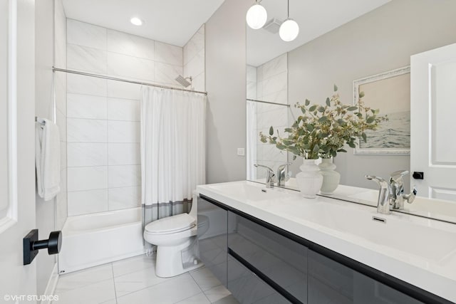 bathroom with double vanity, tile patterned flooring, a sink, toilet, and shower / bathtub combination with curtain