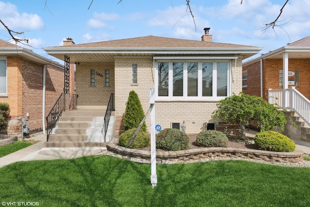 6223 S Rutherford Ave, Chicago, IL 60638 - bungalow-style home with brick siding, a front yard, a chimney, and a porch