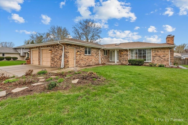 single story home featuring brick siding, an attached garage, driveway, and a front yard