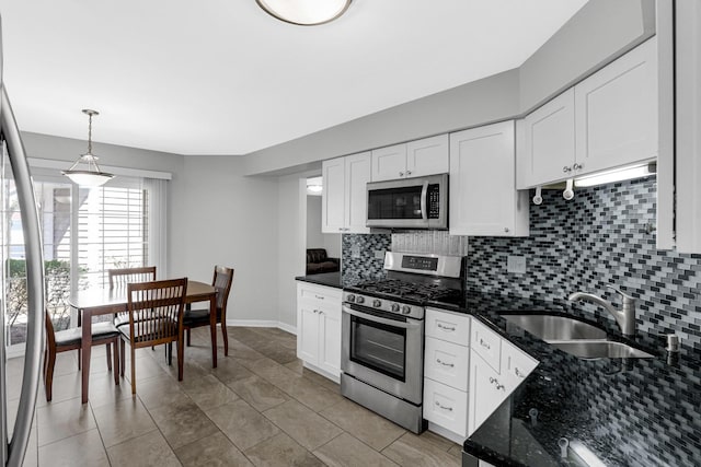 kitchen featuring a sink, white cabinetry, backsplash, and stainless steel appliances