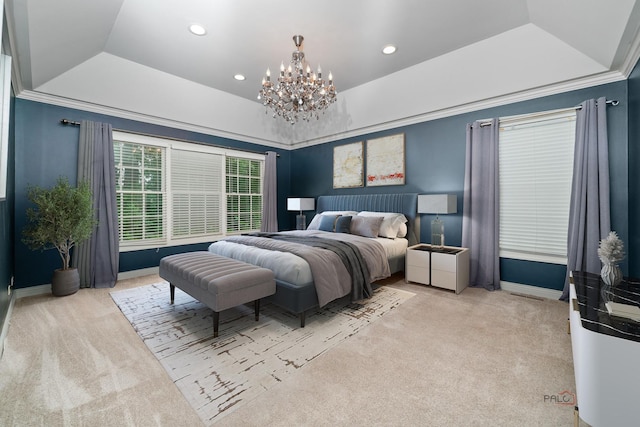 590 Academy Woods Dr, Lake Forest, IL 60045 - bedroom with a raised ceiling, light carpet, a chandelier, and recessed lighting