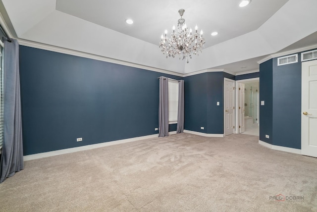 590 Academy Woods Dr, Lake Forest, IL 60045 - unfurnished bedroom featuring a tray ceiling, carpet floors, a chandelier, recessed lighting, and ornamental molding