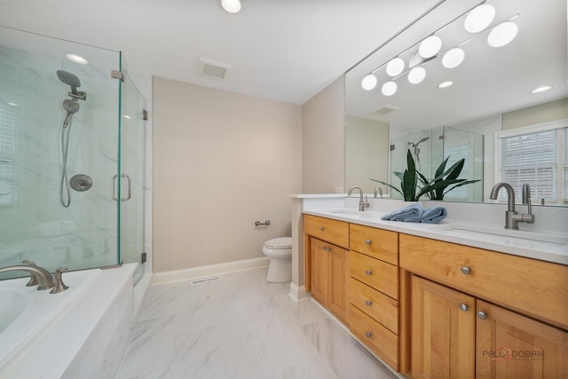 590 Academy Woods Dr, Lake Forest, IL 60045 - full bathroom with double vanity, a stall shower, a garden tub, marble finish floors, and recessed lighting