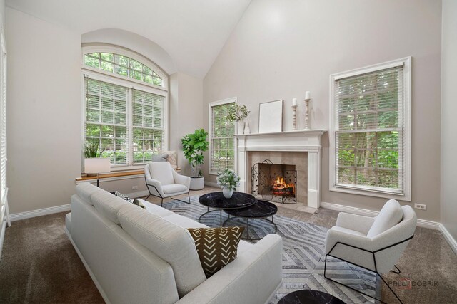 590 Academy Woods Dr, Lake Forest, IL 60045 - carpeted living area featuring vaulted ceiling and a tile fireplace