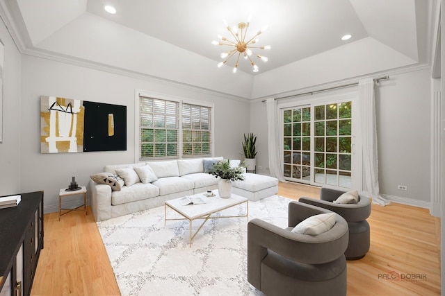 590 Academy Woods Dr, Lake Forest, IL 60045 - living area featuring a raised ceiling, a chandelier, light wood finished floors, and recessed lighting