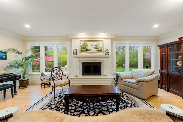 living area with plenty of natural light, wood finished floors, a glass covered fireplace, crown molding, and recessed lighting