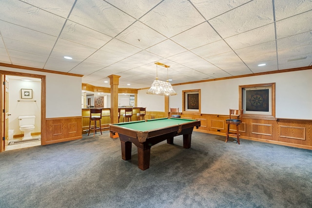 rec room featuring wainscoting, carpet flooring, billiards table, ornamental molding, and recessed lighting