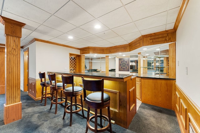 indoor wet bar featuring dark colored carpet, a wainscoted wall, ornamental molding, wood walls, and ornate columns