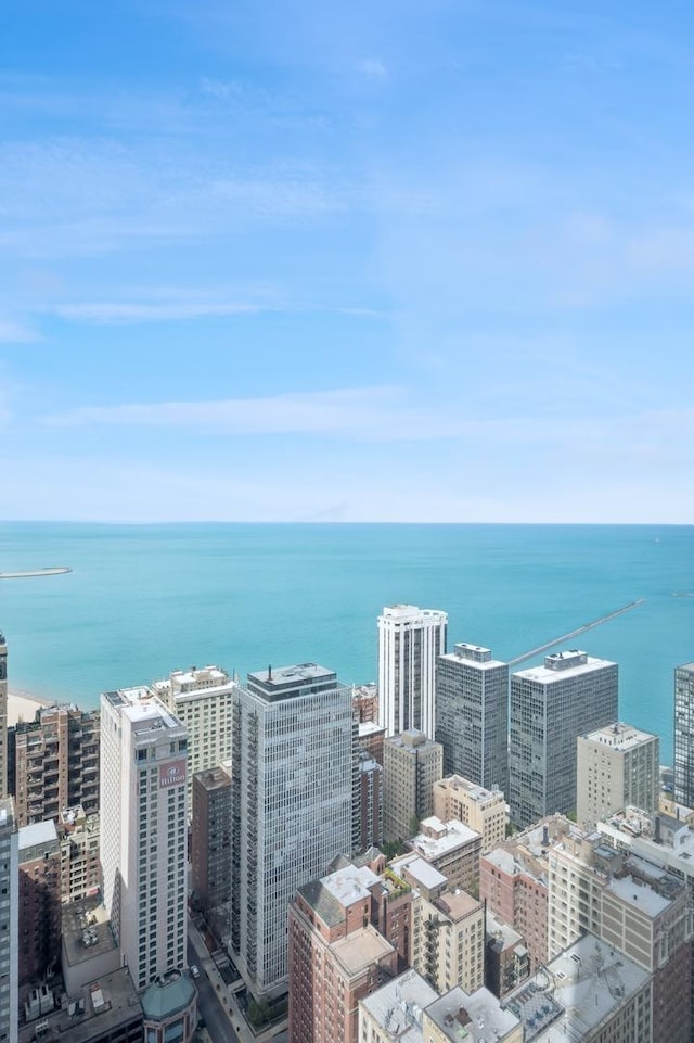 aerial view featuring a city view and a water view