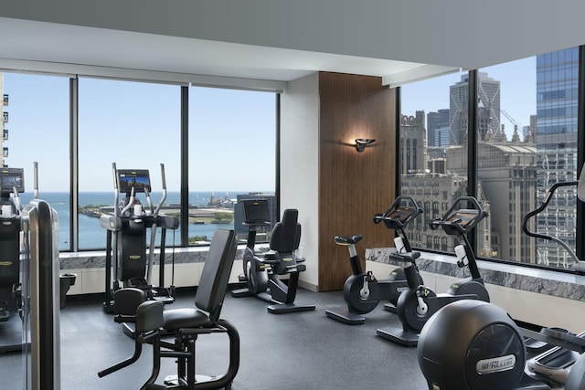 exercise room with a water view, a city view, and expansive windows