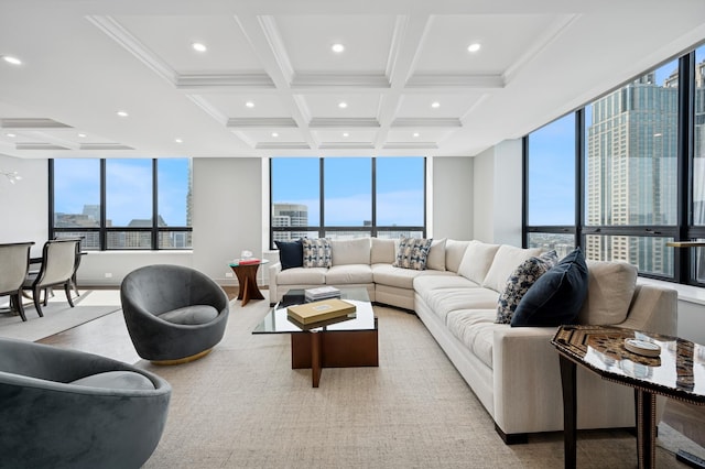 living room with plenty of natural light, beamed ceiling, and coffered ceiling