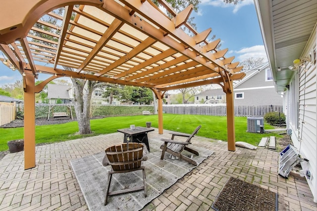 view of patio with central air condition unit and a pergola