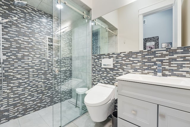 bathroom featuring tile walls, a shower stall, vanity, tile patterned floors, and toilet