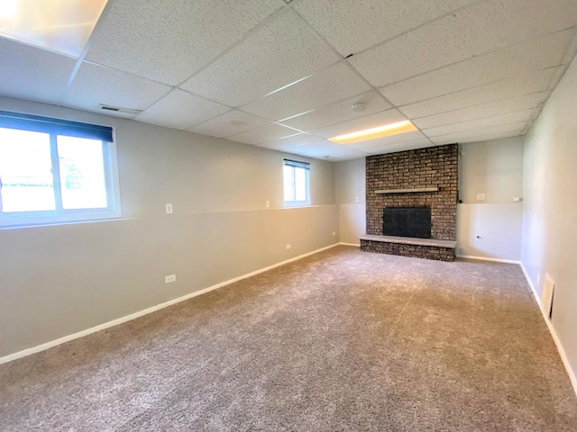 5210 Arquilla Dr, Richton Park, IL 60471 - basement featuring visible vents, a paneled ceiling, carpet floors, and a fireplace