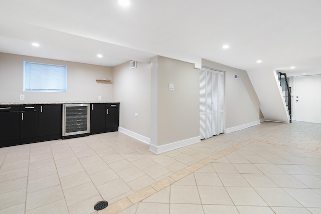 8543 S Laflin St, Chicago, IL 60620 - bar featuring light tile patterned flooring, beverage cooler, baseboards, indoor bar, and recessed lighting