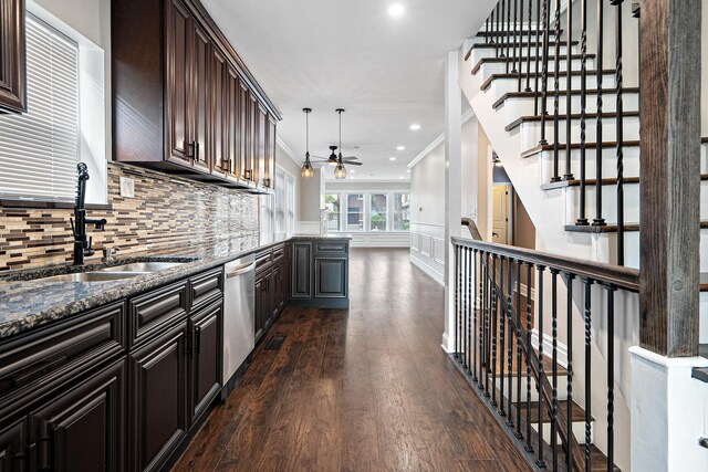 8543 S Laflin St, Chicago, IL 60620 - kitchen featuring dishwasher, a sink, dark wood-style floors, ornamental molding, and recessed lighting