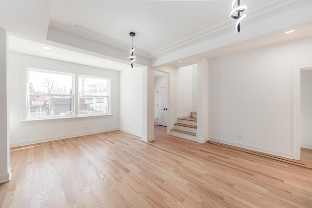 4134 W Roscoe St, Chicago, IL 60641 - unfurnished dining area featuring light wood-type flooring, stairway, baseboards, and recessed lighting