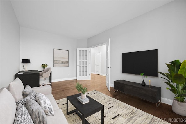 719 Foxborough Rd, South Elgin, IL 60177 - living room featuring wood finished floors, baseboards, an office area, and french doors