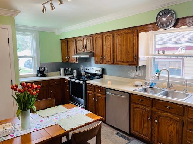 242 N Grove St, Carpentersville, IL 60110 - kitchen with a sink, appliances with stainless steel finishes, under cabinet range hood, and light countertops