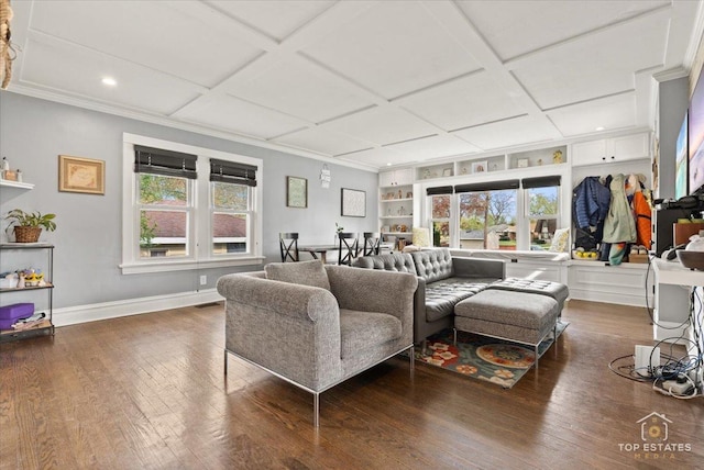 309 E Elm St, Villa Park, IL 60181 - living room featuring hardwood / wood-style floors, baseboards, a healthy amount of sunlight, and coffered ceiling
