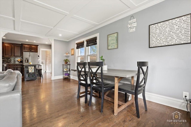 309 E Elm St, Villa Park, IL 60181 - dining room with crown molding, baseboards, recessed lighting, coffered ceiling, and dark wood finished floors