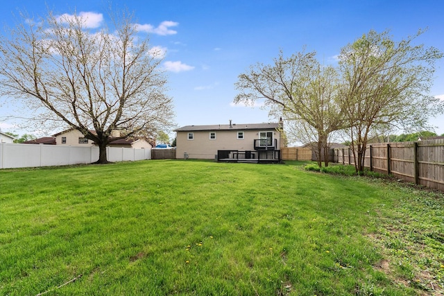 view of yard featuring a wooden deck and a fenced backyard