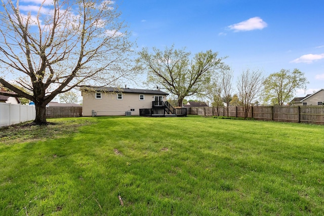 view of yard featuring a wooden deck and a fenced backyard