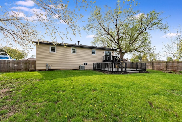 back of house featuring a fenced backyard, a yard, a deck, and cooling unit