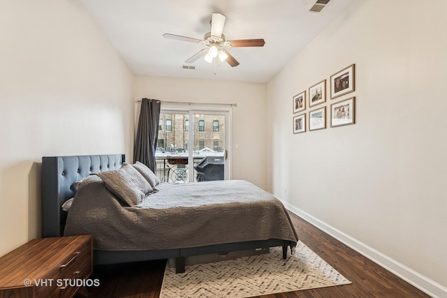 521 N Racine Ave Unit 3, Chicago, IL 60642 - bedroom with access to outside, baseboards, wood finished floors, and a ceiling fan