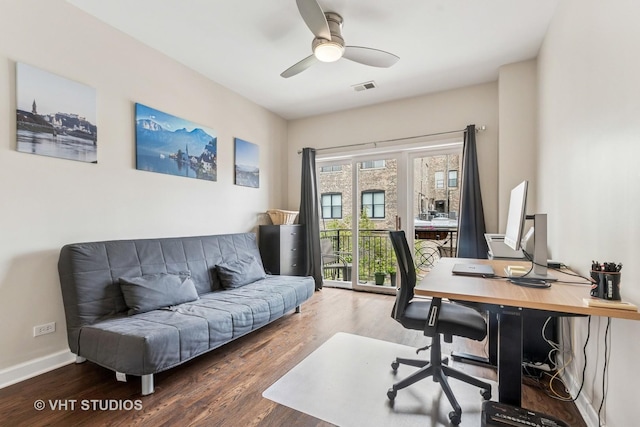 521 N Racine Ave Unit 3, Chicago, IL 60642 - home office featuring wood finished floors, a ceiling fan, and baseboards